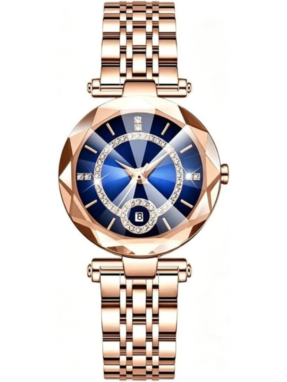 Women's Rose Blue Rhinestone Bracelet Creative Stainless Steel Strap Wristwatch - Picture 4 of 5